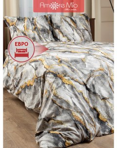Комплект постельного белья Мако сатин размер евро микрофибра мрамор серый Amore mio