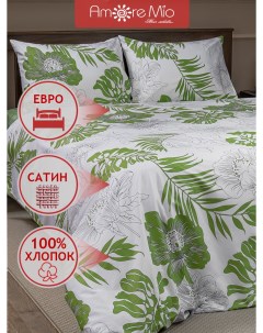 Комплект постельного белья Евро хлопок зеленый листья наволочки 50х70 Amore mio