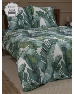 Комплект постельного белья Евро микрофибра зеленый листья 2 наволочки 70х70 Amore mio