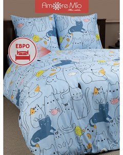 Комплект постельного белья Мако сатин размер евро микрофибра коты голубой Amore mio