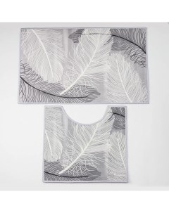 Набор ковриков для ванны и туалета Пёрышки 2 шт 50x80 40x50 см цвет серый Доляна