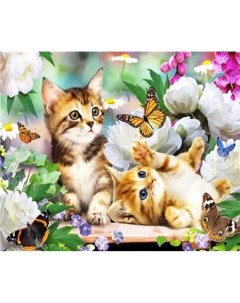 Алмазная мозаика картина стразами Котята с цветами и бабочками 50х65 см Nobrand