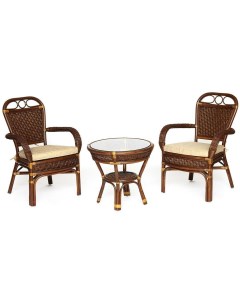 Комплект террасный стол кофейный со стеклом кресла подушки Pecan Washed античн орех ротанг Tetchair