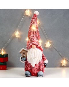 Новогодний светильник Дедуля мороз в красном полосатом наряде со скворечником белый теплый Nobrand