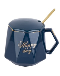 Кружка с крышкой и ложкой Happy Day синяя 420 мл фарфор Nouvelle home