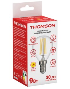 Лампа светодиодная E14 шар 9Вт 2700K теплый свет 855лм филаментная Filament TH B2085 Thomson