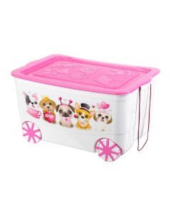 Ящик для игрушек 61х41х33 см KidsBox Милые щенки белый с розовой крышкой на колёсах Ип бурова н.в.