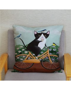Подушка декоративная 40х40 Кошка Лапочка в саду на велосипеде Очкарики велюр Zaberite