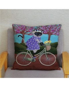 Подушка декоративная 40х40 Кошка Люся в саду на велосипеде Очкарики велюр Zaberite