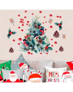 Наклейки интерьерные Новогодняя елка и снегирь рождественский зимний декор на стену Verol