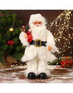 Новогодняя фигурка Дед Мороз в меховом белом костюмчике с мешком 20x20x40 см Bazar