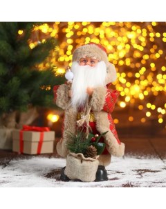 Новогодняя фигурка Дед Мороз в красной шубке в клетку с подарками 18x18x30 см Bazar