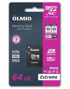 Карта памяти microSDXC 64GB UHS I U3 V30 c адаптером Olmio