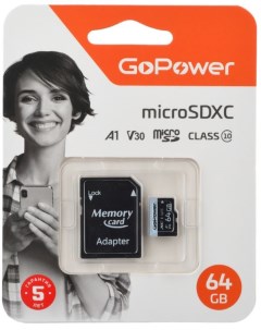 Карта памяти 64GB 00 00025676 microSDXC Class10 70 МБ сек U3 V30 с адаптером Gopower