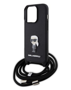 Чехол для iPhone 15 Pro со шнурком Metal Hard Black Karl lagerfeld