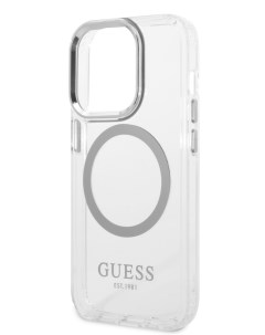 Чехол для iPhone 15 Pro с MagSafe Metal outline Hard Transparent Silver Guess