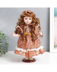 Кукла коллекционная керамика Тося в платье с мелкими цветочками с бантом в волосах 30 см Nobrand