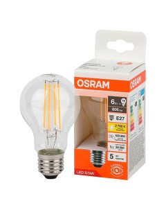 Лампа светодиодная филаментная E27 6 Вт 2700 К груша прозрачная Osram