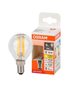 Лампа светодиодная филаментная E14 6 Вт 2700 К шар прозрачная Osram