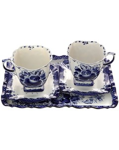 Набор чайный на 2 персоны с xудожественной росписью Гжель Бодрое утро Тульские самовары