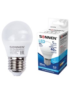 Лампа светодиодная комплект 5 шт 5 40 Вт цоколь E27 шар холодный белый свет Sonnen
