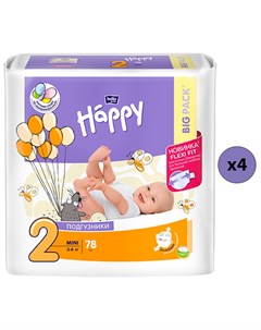 Baby Happy Подгузники Mini 2 3 6 кг 78 шт 4 упаковки Bella