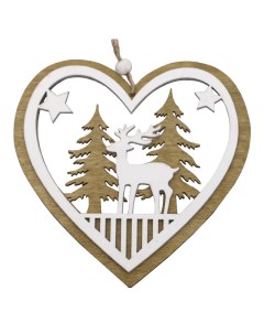 Подвеска Сердце с оленями 15см дерево бежевый белый Maxijoy
