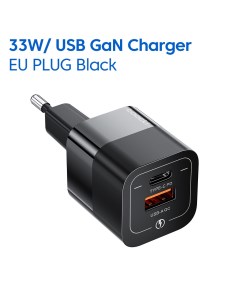 Сетевое зарядное устройство GaN Travel Charger 1xUSB 1xUSB Type C 3 А черный Toocki