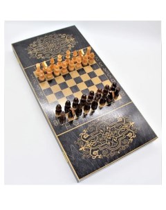 Игра 3в1 большая черная рисунок золото с походными деревянными шахматами Россия
