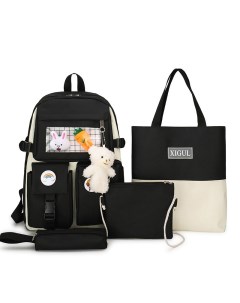 Рюкзак школьный для девочки 4 в 1 School черный с значками и брелком Rafl