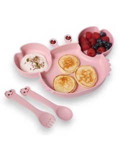 Детская посуда для кормления Крабик тарелка ложка вилка палочки розовая Добрый филин