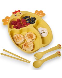 Детская посуда для кормления Цыпленок набор 4 предмета тарелка детская ложка вилка Добрый филин