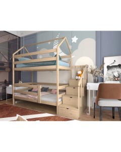 Кровать детская Двухъярусная с лестницей комодом 180х90 из массива Moonlees