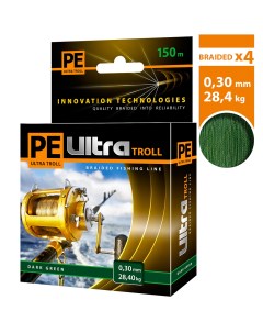 Плетеный шнур PE ULTRA TROLL Dark Green 0 30mm 150m темно зеленый test 28 40kg Aqua