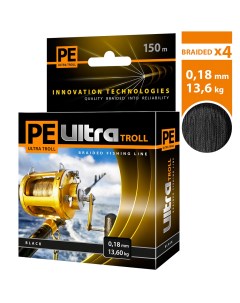 Плетеный шнур PE ULTRA TROLL Black 0 18mm 150m цвет черный test 13 60kg Aqua