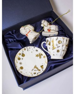 Новогодний набор Чашка с блюдцем и ёлочные игрушки Ручная работа Императорский подарок