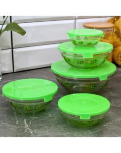 Набор стеклянных салатников с крышками Киви 5 шт 130 200 350 500 900 мл цвет зеленый Доляна