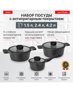 Набор посуды с антипригарным покрытием 6 пр 1 5 2 4 4 2 л серия GRANIA Nadoba