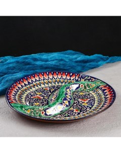 Менажница Риштанская Керамика Цветы 32 см 2 х секционная синяя Шафран
