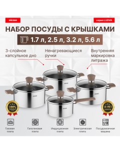 Набор посуды со стеклянными крышками 8 пр 1 7 2 5 3 2 5 6 л серия LUDVA Nadoba