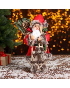 Новогодняя фигурка Дед Мороз в красной шубке с лыжами 15x12x30 см Зимнее волшебство