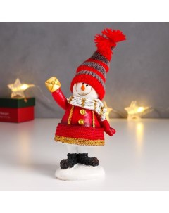 Новогодний сувенир Снеговик в красной шубе колпаке и шарфике 6489949 14х10 5х5 см Nobrand