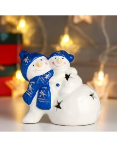 Новогодний сувенир Снеговички синие колпаки и шарфы 6494445 10х12х8 см Nobrand