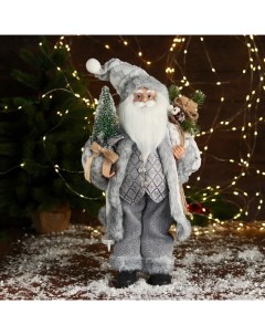 Дед Мороз Клетчатом жилете и с ёлкой 45 см серый Зимнее волшебство