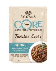 Влажный корм для кошек Tender Cuts курица и лосось в пикантном соусе 85г Wellness core
