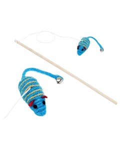 Игрушка для кошек дразнилка удочка с блестящей мышью на деревянной ручке синяя Пижон