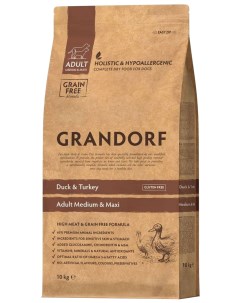 Сухой корм для собак Grain Free Adult Medium Maxi утка и индейка 10 кг Grandorf