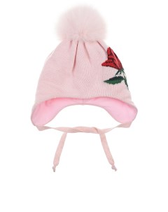 Розовая шапка с меховым помпоном и цветочным декором детская Chobi