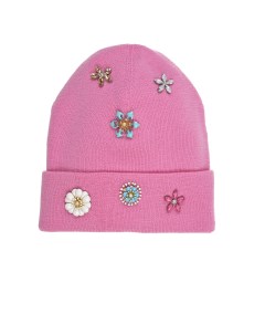 Розовая шапка с цветочками из декоративных камней детская Regina