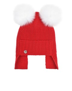 Красная шапка с двумя белыми меховыми помпонами детская Joli bebe
